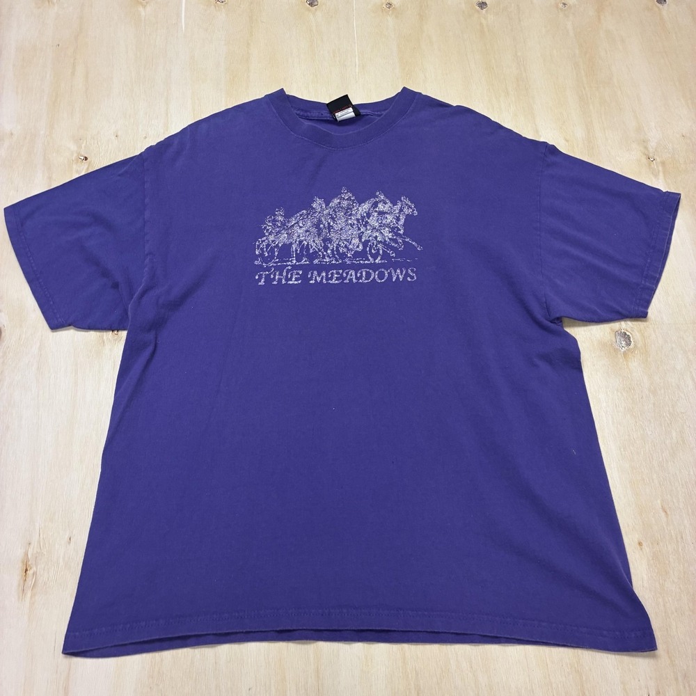 Vintage The Meadows Horse Racing Shirt Mens XL Purple Diamond Dust Tee T-Shirt